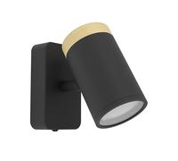 Eglo Consuma Lámpara de pared con foco flexible, ideal como de lectura, para salón y baño, fabricada en madera y acero de color negro, con casquillo GU10 y protección contra salpicaduras IP44