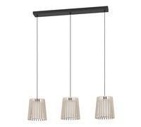 EGLO Fattoria Lámpara colgante con 3 llamas, adecuada para colocar encima de la mesa del comedor, madera en tonos claros, tejido de color blanco y metal en color negro, con portalámparas E27, 90 cm