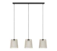 EGLO Fattoria Lámpara colgante con 3 llamas, adecuada para colocar encima de la mesa del comedor, madera en tonos claros, tejido de color blanco y metal en color negro, con portalámparas E27, 90 cm