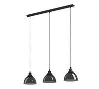 Eglo lámpara colgante Beleser, candil de 3 luces para comedor, iluminador de metal en negro y cristal ahumado en negro-transparente, luminaria de comedor colgante, E27, 90,5 cm