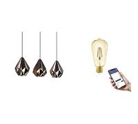 Eglo lámpara colgante Carlton 1, lámpara LED vintage incl. 3 bombillas E27 Smart Home connect.z retro, lámpara de acero regulable en negro y cobre, blanco cálido