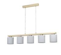 Eglo Castralvo, Lámpara colgante de 5 llamas, moderna, elegante, de acero en níquel mate, madera en marrón y tela en blanco, lámpara de comedor, lámpara colgante con casquillo E27