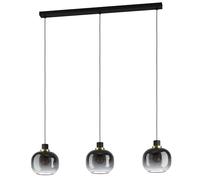 Eglo Lámpara colgante Oilella, 3 luces, vidrio ahumado sobre mesa, metal negro-gris con latón, bola de vidrio, casquillo E27, largo 95 cm