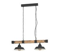 EGLO Lámpara colgante OLDBURY, lámpara colgante vintage con 2 bombillas de estilo industrial, lámpara colgada de acero y madera, color negro, marrón rústico, casquillo E27, L 86 cm