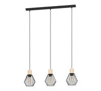 Eglo Lámpara colgante Palmorla, lámpara de techo vintage de 3 luces, estilo industrial y retro, hecha de acero y madera en negro y natural, lámpara para comedor y salón con casquillo E27