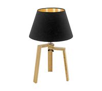 EGLO Lámpara de mesa Chietino, 1 foco, diseño natural, lámpara de mesita de noche, madera, tela y acero, color negro, dorado, natural, casquillo E27, incluye interruptor