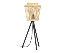 EGLO lámpara de mesa Hykeham, Luminaria para mesa de noche trípode estilo boho, luz de tres patas de bambú natural y metal en negro, iluminador decorativo con casquillo E27