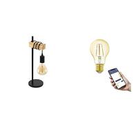 Eglo Lámpara de mesa Townshend, lámpara industrial in ombilla LED E27 Smart Home connect.z, lámpara retro negra, lámpara de cabecera de acero y madera regulable, con interruptor, blanco cálido