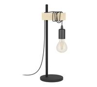 EGLO Lámpara de Mesa Townshend, lámpara Retro Vintage y Industrial, lámpara de mesita de Noche de Acero y Madera, Negro, marrón, Casquillo E27, Incl Interruptor, Certificado FSC