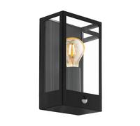 Eglo Lámpara de pared de exterior Alamonte, lámpara de exterior con detector de movimiento, sensor crepuscular, lámpara de pared de metal en negro, cristal en transparente, E27, IP44