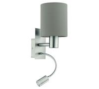 Eglo lámpara de pared Pasteri, aplique textil para dormitorio con luz LED de lectura, montaje metálico en plata y tela taupe, casquillo E27