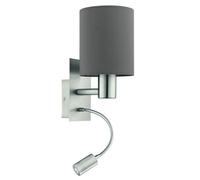 Eglo lámpara de pared Pasteri para cama, aplique textil para dormitorio con luz LED de lectura, montaje en pared de metal plateado y tela antracita marrón, casquillo E27