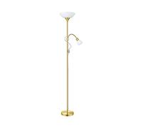 Eglo lámpara de pie Up 2, lámpara de pie de 2 focos, clásica, lámpara de salón en latón mate, cristal y plástico blanco, con interruptor, foco de techo con lámpara de lectura, E27 + E14