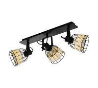 Eglo Lámpara de techo Anwick 1, lámpara de techo vintage de 3 luces, estilo boho, foco de techo en acero y ratán, lámpara para salón en negro y natural, lámpara para cocina, focos con casquillo E27