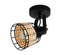 Eglo Lámpara de techo Anwick 1, lámpara de techo vintage de una luz, estilo boho, foco de techo de acero y ratán, lámpara para salón en negro y natural, lámpara para cocina, spot con casquillo E27
