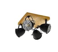 Eglo Lámpara de techo Gatebeck, lámpara de techo vintage de 4 luces, estilo industrial y retro, foco de techo de acero negro y madera natural, lámpara para salón y cocina con casquillo E14