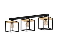 Eglo lámpara de techo Libertad, luminaria de plafón de 3 luces, iluminador de pared para sala de metal en negro y madera al natural, luz de techo con toma E27