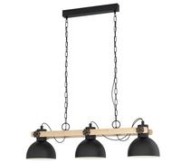 Eglo lámpara de techo Lubenham, lámpara vintage de techo de 3 focos de diseño industrial, lámpara colgante retro de acero y madera, color negro, marrón, portalámparas E27