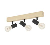 EGLO Lámpara de techo TOWNSHEND 3, lámpara retro con 3 focos de techo vintage de estilo industrial de acero y madera, color negro, marrón, casquillo E27