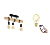 Eglo Lámpara de techo Townshend, lámpara LED vintage incl. 3 bombillas retro E27 Smart Home connect.z, lámpara colgante industrial regulable de acero negro y madera, blanco cálido