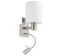 Eglo lámpara LED de pared Pasteri, aplique de pared textil con dos bombillas, materiaL acero, textil, color níquel mate, blanco, casquillo E27, incluye interruptor y luz de lectura flexible