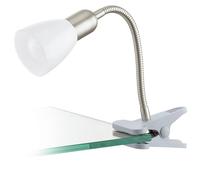 Eglo LED Lámpara de pinza Dakar 3, foco con pinza de metal cromado, plástico blanco y plateado, lámpara con pinza y interruptor, lámpara de lectura con bombilla E14, luz cálida