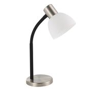 Eglo Macere Lámpara de mesa para oficina y dormitorio, lámpara de escritorio de metal plateado y cristal blanco, lámpara de noche con casquillo E14