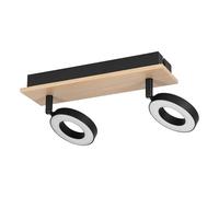 Eglo Rielves Lámpara de techo LED con 2 focos, barra orientable, foco de techo de madera en color marrón y metal en negro, certificado FSC, blanco cálido, L 28 cm