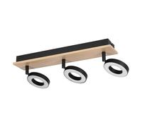 Eglo Rielves Lámpara de techo LED con 3 focos, barra orientable, foco de techo de madera en color marrón y metal en negro, certificado FSC, blanco cálido, L 40 cm