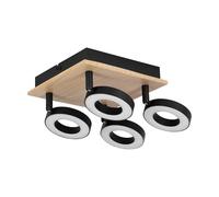 Eglo Rielves Lámpara de techo LED con 4 focos, barra orientable, foco de techo de madera en color marrón y metal en negro, certificado FSC, blanco cálido, 17 x 17 cm