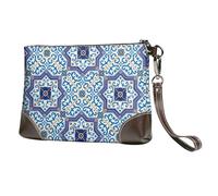 EgoMed Azulejos clásicos de Estilo portugués marroquí,Bolso de Mano de Piel sintética con Cremallera para Mujer, Cartera con Correa para la muñeca