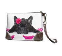 EgoMed Bulldog francés con Rosa,Bolso de Mano de Piel sintética con Cremallera para Mujer, Cartera con Correa para la muñeca