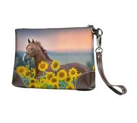 EgoMed Caballo con Girasol Amarillo Estampado,Bolso de Mano de Piel sintética con Cremallera para Mujer, Cartera con Correa para la muñeca