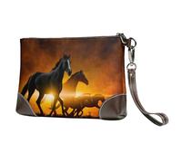 EgoMed Caballos Negros con Nubes Rojas Brillantes Impresas,Bolso de Mano de Piel sintética con Cremallera para Mujer, Cartera con Correa para la muñeca
