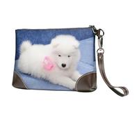 EgoMed Cachorro de Samoyedo Blanco con Lazo Peludo,Bolso de Mano de Piel sintética con Cremallera para Mujer, Cartera con Correa para la muñeca