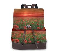 EgoMed Campo de flores de amapolas rojas al atardecer impreso,Mochila para mujer, impermeable, ligera, de piel sintética, moderna, para viajes.
