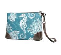 EgoMed Conchas Marinas, Caballito de mar y Coral,Bolso de Mano de Piel sintética con Cremallera para Mujer, Cartera con Correa para la muñeca