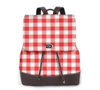EgoMed Cuadrados geométricos rojos y blancos a cuadros,Mochila para mujer, impermeable, ligera, de piel sintética, moderna, para viajes.
