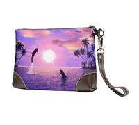EgoMed Delfines al Atardecer,Bolso de Mano de Piel sintética con Cremallera para Mujer, Cartera con Correa para la muñeca