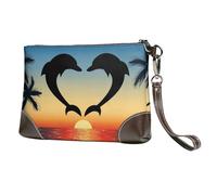 EgoMed Dos Delfines Saltando en Forma de corazón,Bolso de Mano de Piel sintética con Cremallera para Mujer, Cartera con Correa para la muñeca