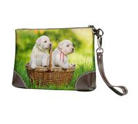 EgoMed Dos Perros en una Cesta Impresa,Bolso de Mano de Piel sintética con Cremallera para Mujer, Cartera con Correa para la muñeca