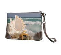 EgoMed Impresión de Estrellas de mar y Conchas de Playa,Bolso de Mano de Piel sintética con Cremallera para Mujer, Cartera con Correa para la muñeca
