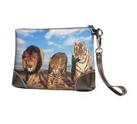 EgoMed León, Leopardo y Tigre pelean por Comida,Bolso de Mano de Piel sintética con Cremallera para Mujer, Cartera con Correa para la muñeca