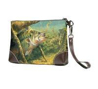 EgoMed Pesca de lubina Impresa,Bolso de Mano de Piel sintética con Cremallera para Mujer, Cartera con Correa para la muñeca