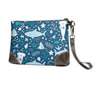 EgoMed Tiburón Sonriente Animales Marinos Peces Estrellas de mar Azul,Bolso de Mano de Piel sintética con Cremallera para Mujer, Cartera con Correa para la muñeca
