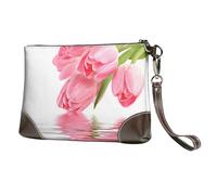 EgoMed Tulipán Efecto Agua Flor Fresca Hermosa Rosa,Bolso de Mano de Piel sintética con Cremallera para Mujer, Cartera con Correa para la muñeca