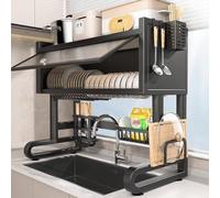 Égouttoir à vaisselle à 2 niveaux à Poser Sur l'évier, Noir/Gris, Acier au Carbone, Grand Espace de Rangement pour le Plan de Travail, Rangement Multiple, organisateur de Cuisine