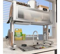 Égouttoir à vaisselle en Acier inoxydable 304 Avec Porte Anti-poussière et bac de récupération d'eau, 2 hauteurs Disponibles, Grande capacité de Rangement pour éviers Simples/dou