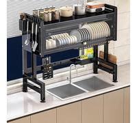 Égouttoir à vaisselle Grande capacité à 2 niveaux, égouttoir multifonctionnel robuste à Poser Sur l'évier, organisateur de Plan de Travail Avec couvercle (Noir, 105 cm/41,3 po)