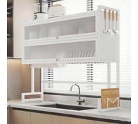 Égouttoir à vaisselle Grande capacité à 2 niveaux, multifonctionnel et robuste, à Poser Sur l'évier, Avec couvercle (Blanc, Double couche, 105 cm).